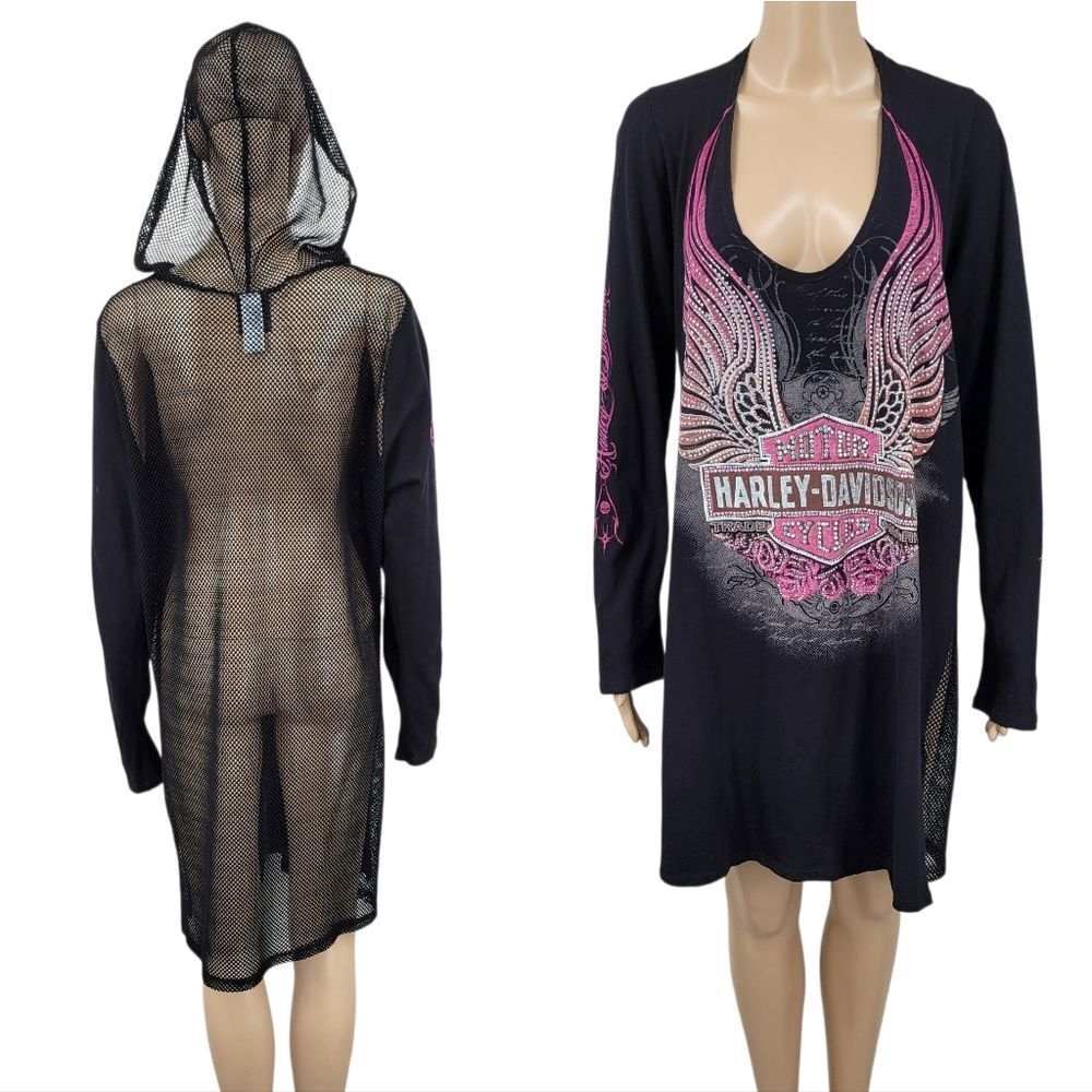 Harley-Davidson Black and Pink Graphic Long Sleeve Dress Cover Up Mesh Hooded